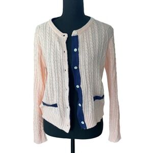 Womens Cardigan Pink‎ Navy Trim Button Front Pockets Dainty Grandmacore Preppy